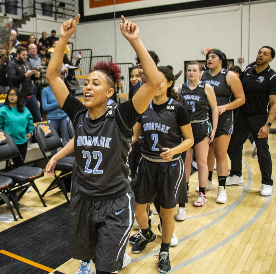 Freshman Breanna Calhoun leads the rest of her team off the court after winning their regular season final against Ventura College on Friday, Feb. 22, at Ventura College. This is Moorpark Colleges first conference championship win since 1990. Photo credit: Evan Reinhardt