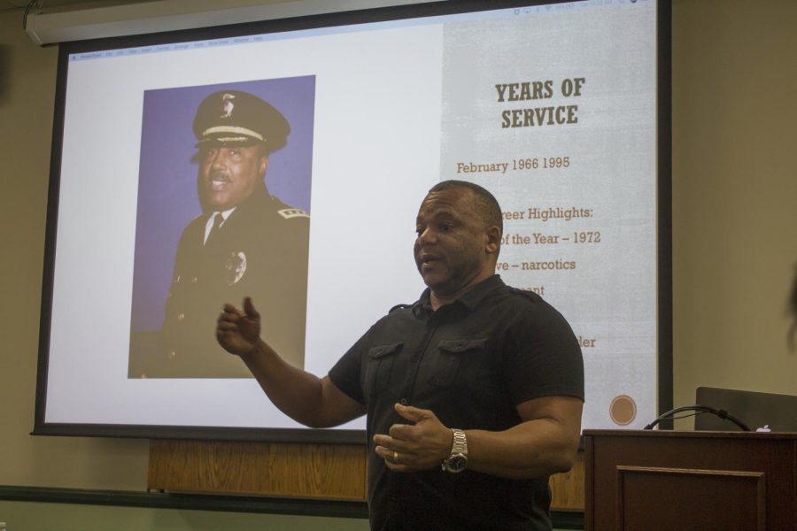 Former Police Commander Randy Latimer describes the accomplishments and lasting legacy of his father, James Latimer, during an event celebrating Black History Month in the campus center conference room, on Tuesday, Feb. 12, 2019. Photo credit: Evan Reinhardt