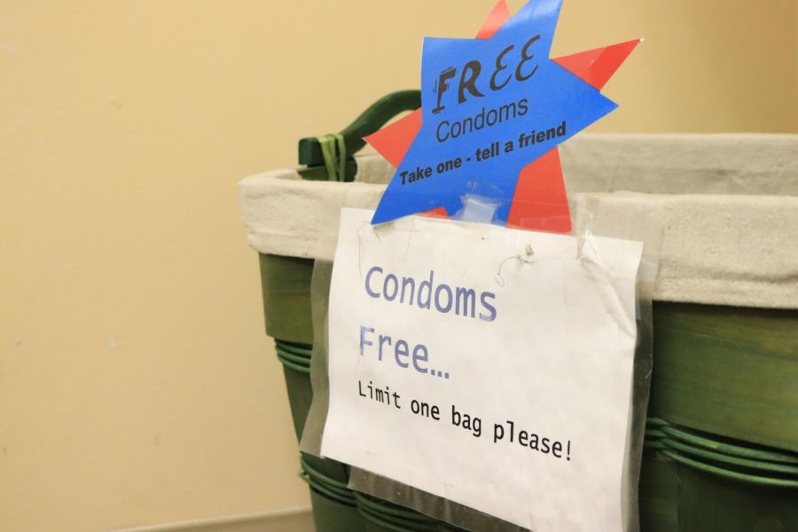 An empty basket sits where free condoms are normally located in the Health Centers waiting room. When in supply, a handful of condoms or provided in each bag. Photo credit: Alec Kamburov
