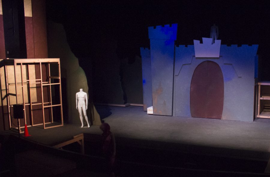 The stage in the Moorpark College Performing Arts Center lies silent as the crew tests the lighting on Monday, Feb. 25, to prepare for Moorparks production of Spamalot. The lighting crew uses mannequins to test how the light with fall on the actors. Photo credit: Evan Reinhardt