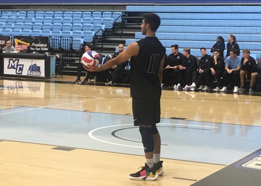 Right Side Hitter Jay Ahir prepares to serve during the Raiders home opener against the San Diego Mesa Olympians Feb. 1, 2019 in the Moorpark College gym. Photo credit: Danny Stipanovich