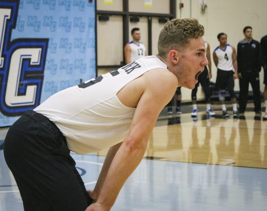 Sophomore outside hitter Jordan Moses calls out the serve during the Raiders game against Santiago College on Wednesday, Feb. 13 in the Moorpark College athletic pavilion. Photo credit: Michelle De Leon