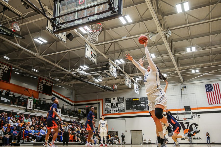 Sophomore Barbara Rangel floats a short jump shot over College of the Sequoias Hailey Scott during the CCCAA Womens Basketball State Quarterfinals, held at Ventura College on Friday, March 15, 2019.  Rangel led the team with 21 points and 14 rebounds.  Moorpark defeated COS, 66-58.  Photo Credit: Jace Kessler Photo credit: Jace Kessler