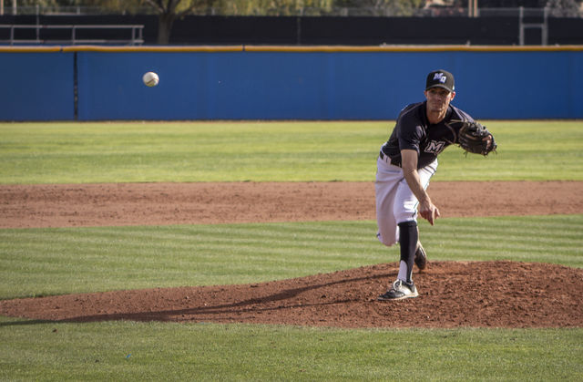 Sophomore Cameron Weitz pitches the ball for Moorpark College in their first home game against Bakersfield College on Jan. 29, 2019.