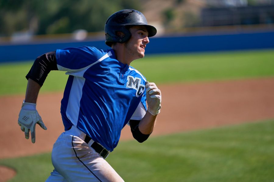 Freshman outfielder Zach Nissim runs for home plate and scores a run on Thursday, April 25, 2019 in Moorpark, CA.  Moorpark lost the game to Santa Barbara. Photo credit: David Dewing