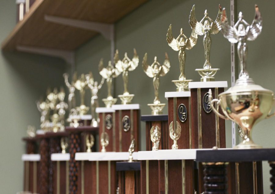 The Moorpark Forensics teams trophies are displayed in the performing arts center.  The Forensics team is preparing to debate in the 2019 Fall Forensics Showcase in the performing arts center Dec. 9-10. Photo credit: Ryan Bough
