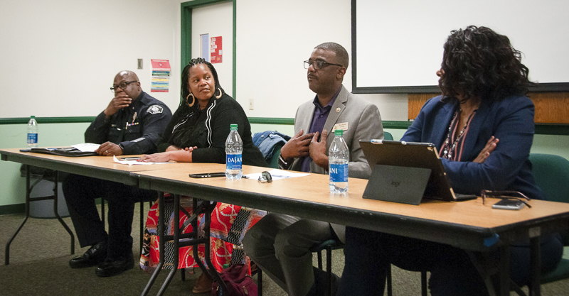 Panel members, from left to right, Simi Valley Police Commander Charles Stevens Shorts, Ventura City Councilmember Lorrie Brown, Moorpark City Manager Troy Brown and Thousand Oaks Assistant City Manager Ingrid Hardy gather for President Julius Sokenus lecture Black Identity and Leadership on Thursday, Feb. 20. The panel, curated by Sokenu, discusses their experiences in leadership roles in their respective local governments as part of Moorpark Colleges celebration of Black History Month. Photo credit: Morgan Ellis