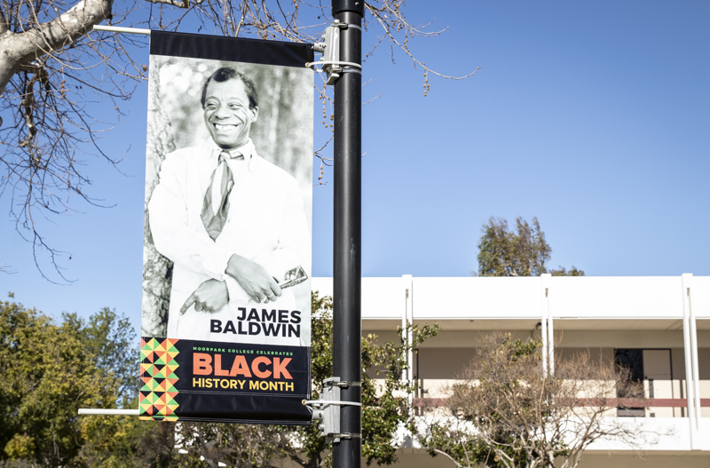 Poster of James Baldwin is placed in the quad of Moorpark College on Tuesday, Feb. 4. Multiple posters were placed around Moorpark college to celebrate Black History Month. Photo credit: Evan Reinhardt