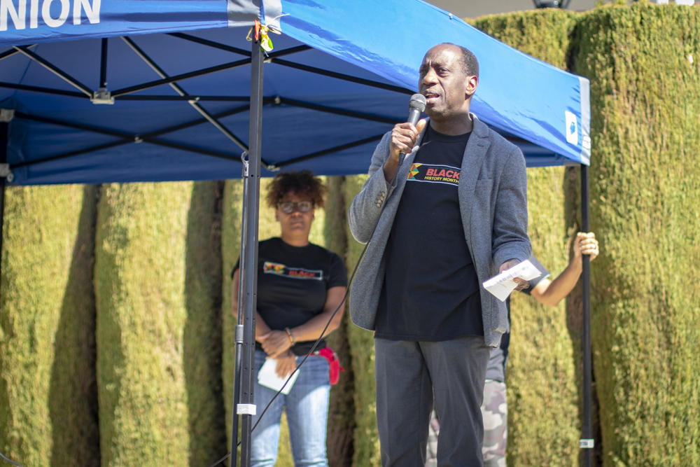 Interim President of Moorpark College Julius Sokenu welcomes attendees, kicking off the Black Family Reunion on Tuesday, Feb. 24. The celebration was held in the quad with games, live performers and free barbecue food.