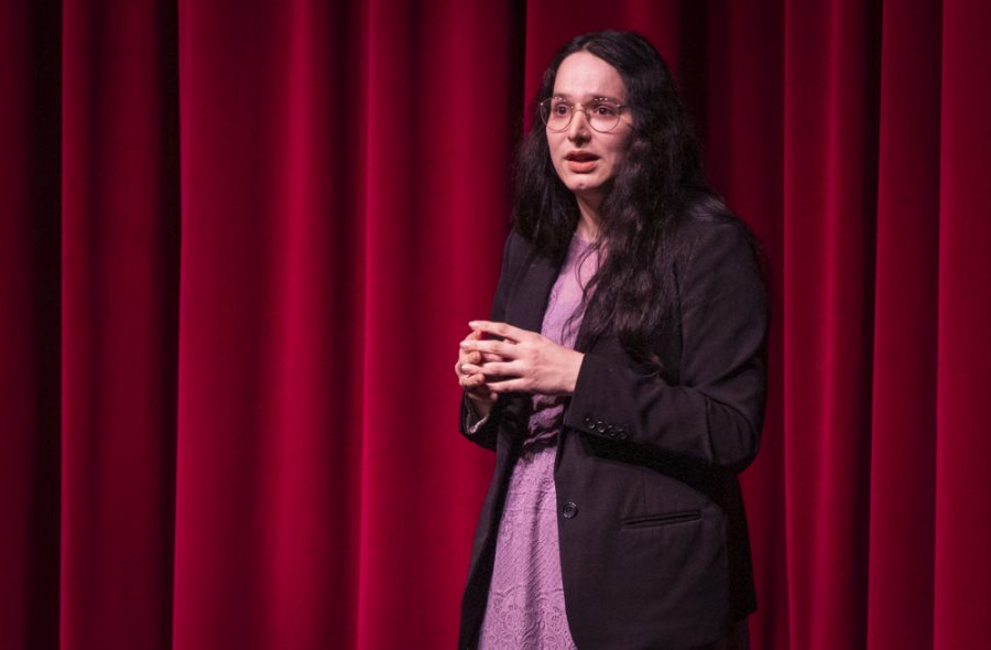 Nicole Castro delivers her speech about transgender individuals in organized sports during the Forensics Showcase on Tuesday, Dec. 10, 2019, in the Performing Arts Center. The style of speech included jokes and witty word play to deliver a larger message. Photo credit: Evan Reinhardt