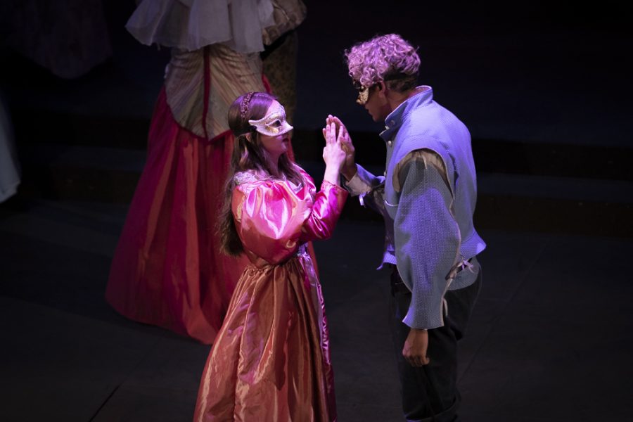 Abby Holland, as Juliet, meets Seth Gunawardena, as Romeo during the first act of Romeo and Juliet performed at Moorpark College on Thursday, March 12. Photo credit: Evan Reinhardt