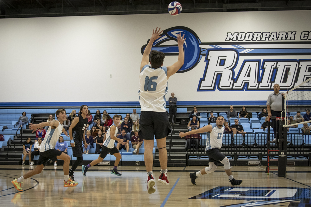 Freshman setter Nathan Mar sets his hitters during the Raiders' home game against Santa Barbara City College on Wednesday, Feb. 26.