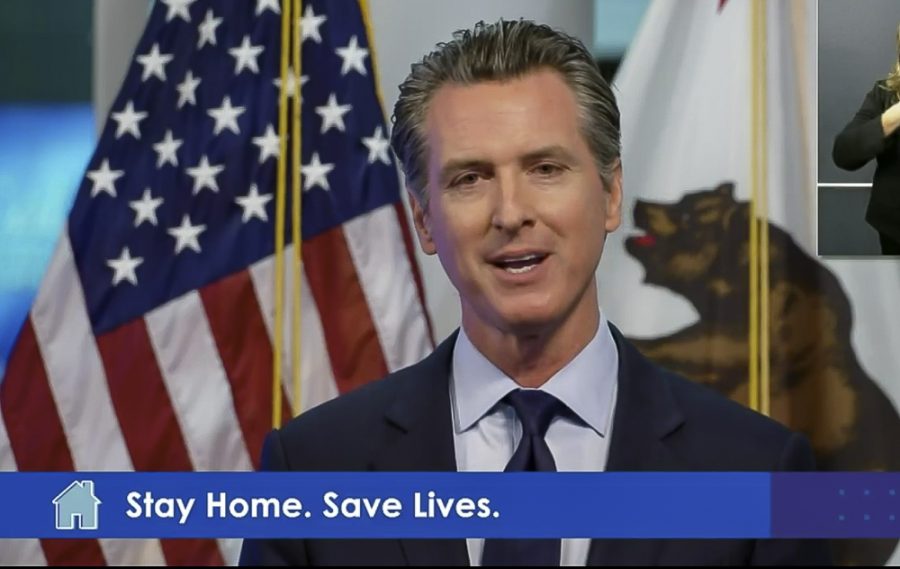 Governor+Gavin+Newsom+delivers+an+address+via+live+stream+to+Californians+regarding+COVID-19+and+plans+to+reopen+the+state+on+Tuesday%2C+April+14.+Screenshot+taken+from+Twitter.