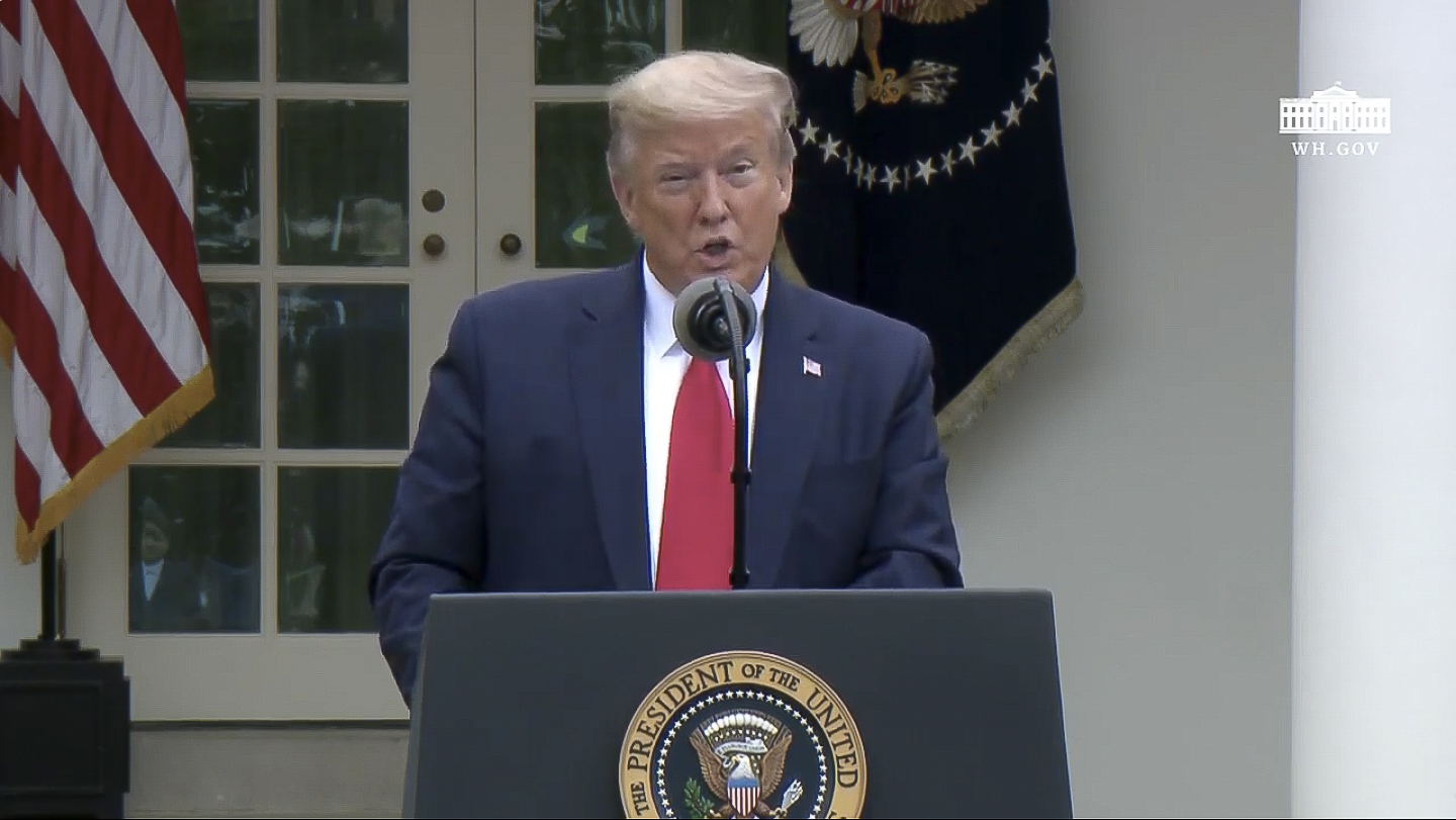 President Donald Trump addresses the press regarding the COVID-19 response on Tuesday, April 14, in the White House Rose Garden.