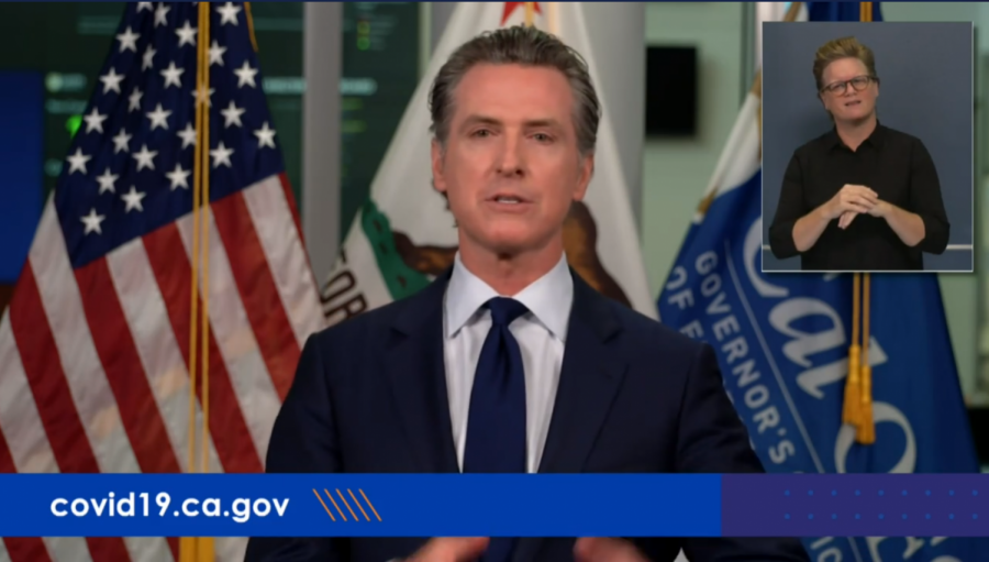California Governor Gavin Newsom delivers an address via live stream to Californians regarding ongoing wildfires and COVID-19 on Tuesday, Sept 8.
