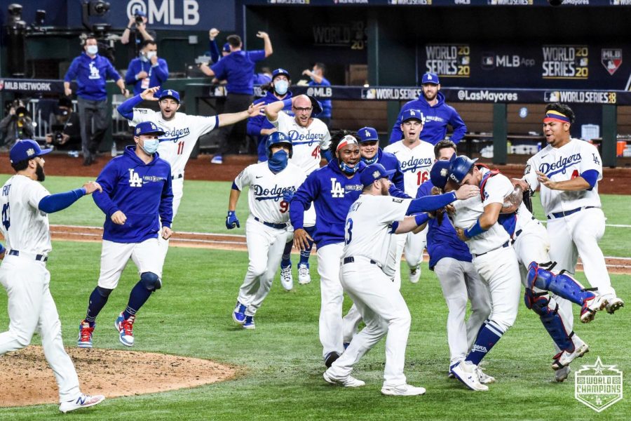 The Dodgers charge onto the field after winning the 2020 world series on Tuesday, Oct. 27. Photo courtesy of the Los Angeles Dodgers twitter.