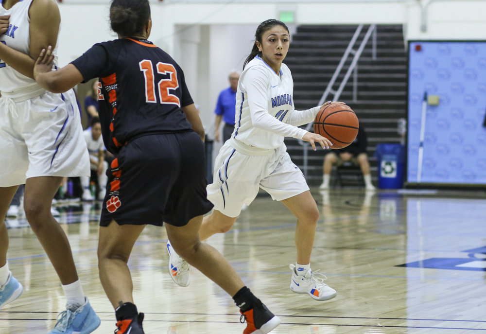 Sophomore guard Jazzy Carrasco comes off a screen during their home game against Riverside City College on Saturday, Feb. 29. Carrasco reached a milestone of 1000 career points during the game. Photo credit: Danny Stipanovich