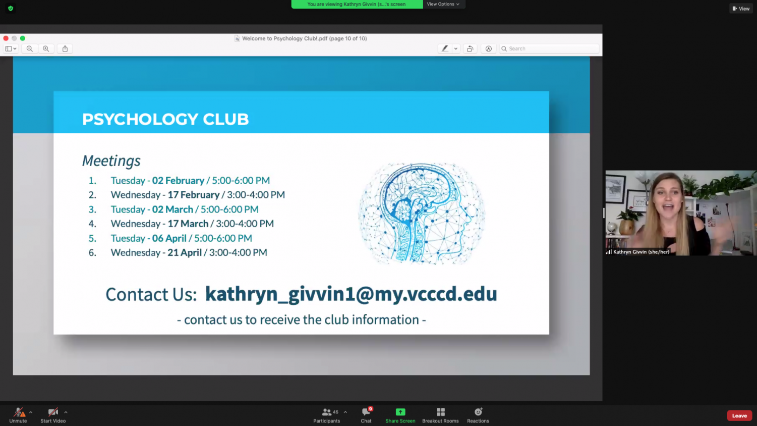 Screen shot from the virtual spring semester Club Rush on Feb. 5 and Feb. 6 over Zoom.