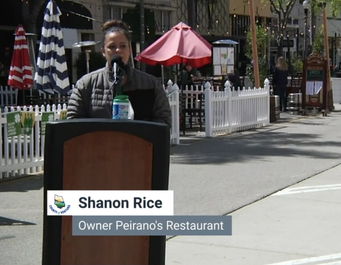 Shanon Rice, owner at Pierno’s restaurant, speaking at Wednesday’s COVID-19 press conference. Ventura, CA.