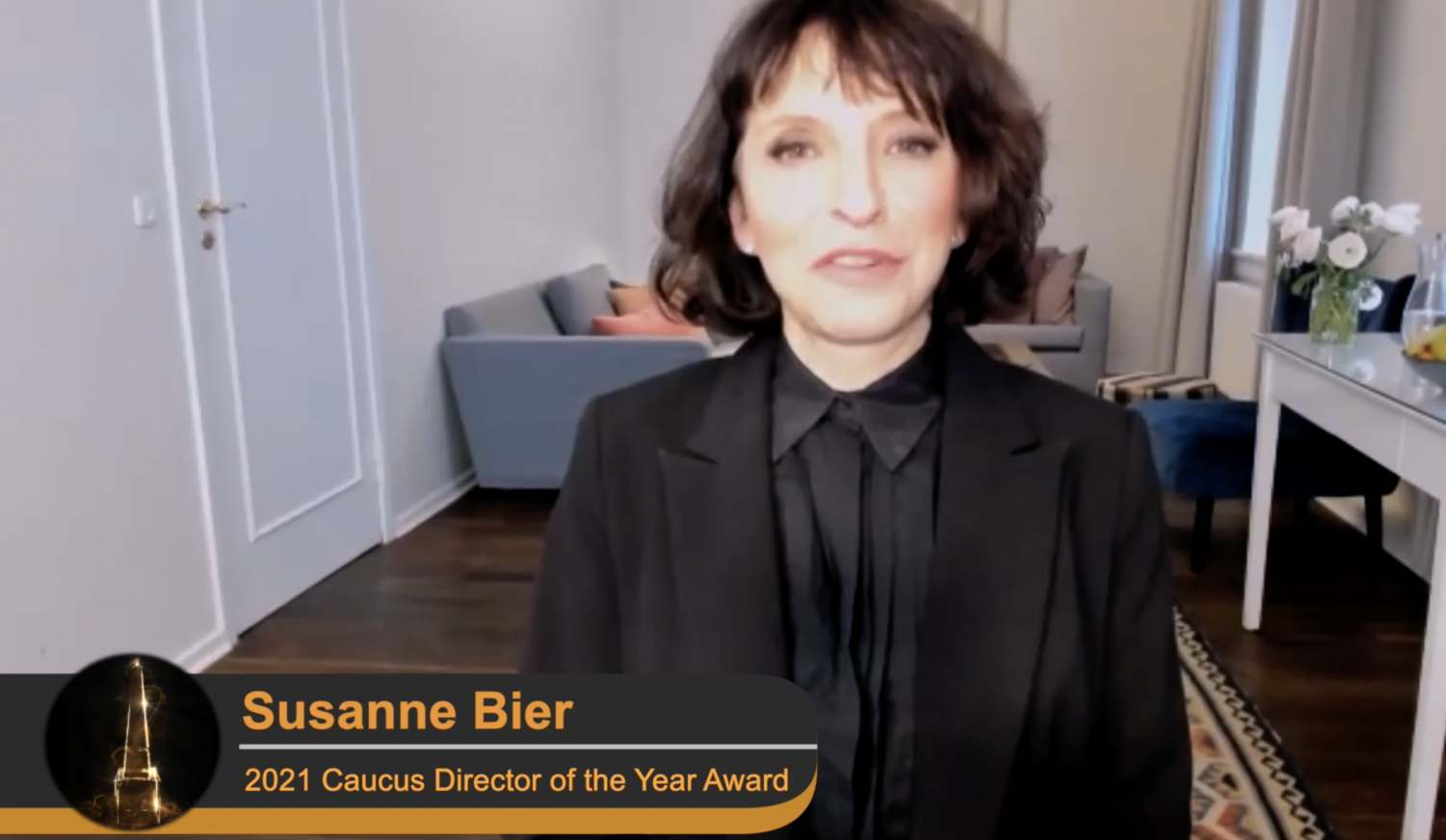 Susanne Bier accepts the Director of the Year Award on March 4, 2021 over Zoom during the 38th Annual Caucus Award show.