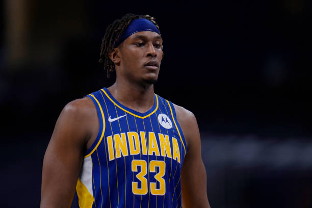 Myles Turner #33 of the Indiana Pacers looks on during the game against the Toronto Raptors on January 24, 2021 at Bankers Life Fieldhouse in Indianapolis, Indiana. (Photo by A.J. Mast/NBAE via Getty Images)