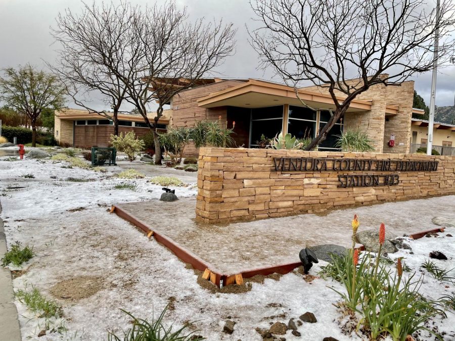 Ventura County Fire Station 43 with a fresh blanket of snow on the grass on Thursday, March 11, 2021 in Simi Valley, CA. Photo credit: Amber Urban