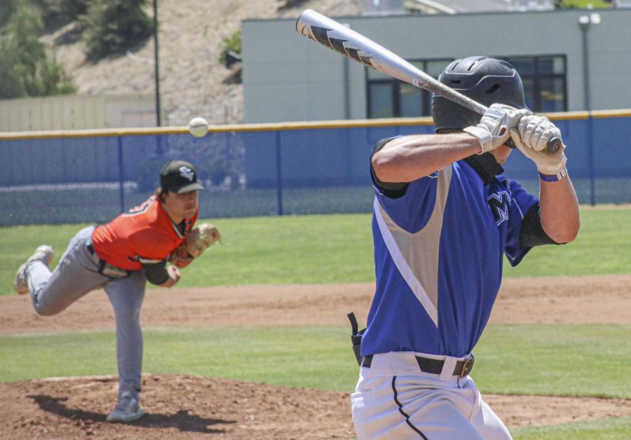 Moorpark Colleges freshman outfielder Spencer Perry sizes up a pitch from Ventura Colleges Max Flame in the first game of a doubleheader on April 15. Moorpark won the game 3-2 after a walk-off single in the bottom of the ninth. Photo credit: Danny Stipanovich