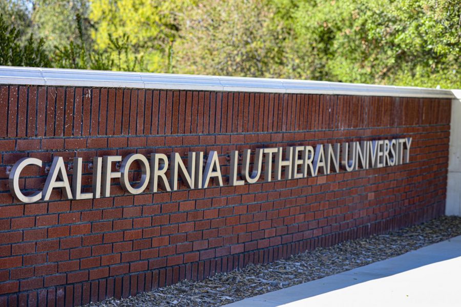 The California Lutheran University sign greets passerbys on Olsen Rd. in Thousand Oaks, on April 11, 2021. Photo credit: Ryan Bough