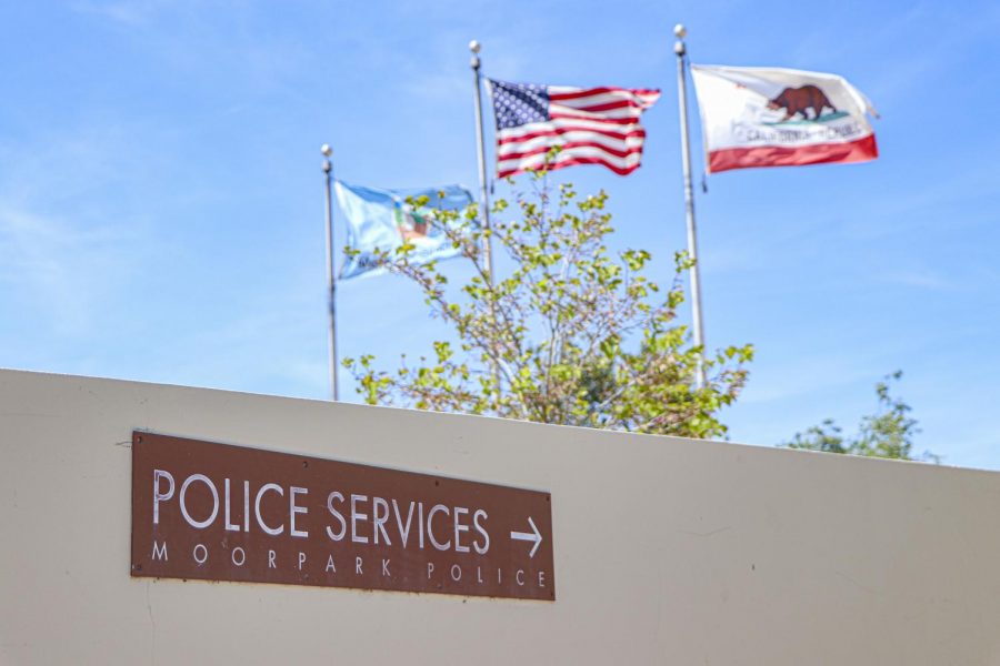 ‘Police Services’ sign at the Moorpark Police Department pictured on Thursday, April 29, 2021 in Moorpark, CA. Photo credit: Emily Ledesma