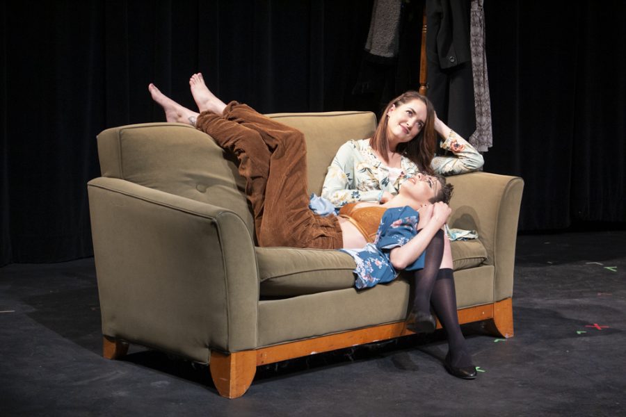 Anne Stevenson, left, and Elizabeth Melcher perform in “To Who I Loved Before” during the “Student One Acts” on Wednesday, Nov. 20, 2019. The One Acts were performed in the Black Box Theatre in the Performing Arts Center. Photo credit: Justin Downes