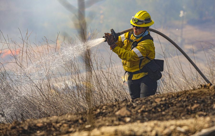 Jordan Murren, a firefighter with the L.A. County Fire Department, works to put out hotspots from the Country Fire in Thousand Oaks, CA. on Thursday, April 29. The Country Fire grew to 28 acres before being contained. Photo credit: Ryan Bough