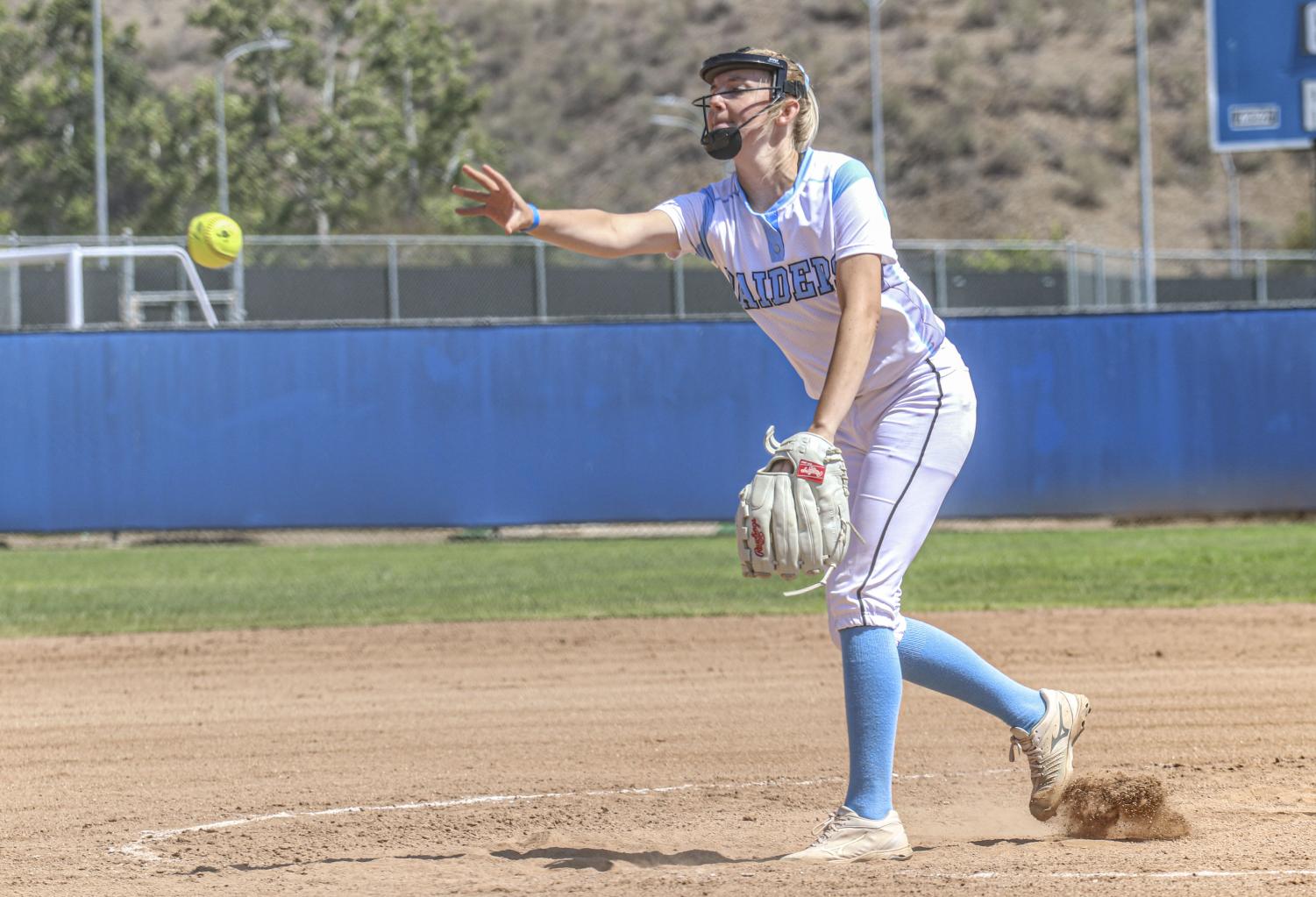 Freshman pitcher Madison Westerhouse throws a pitch during Moorpark College's home game against Bakersfield College on May 8, 2021.