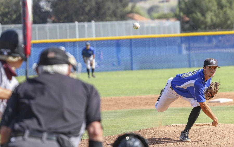 Moorpark Pitcher Colin Mitchell follows through on a pitch to an Antelope Valley batter during the second game of the double header on Saturday, May 22, 2021 in Moorpark, CA. The Raiders defeated Antelope Valley 4-0 in both games. Photo credit: Rachel Franklin