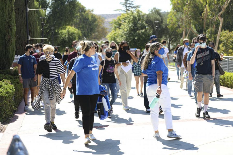 New students are taken through key buildings and facilities during a guided tour of campus at the New Student Welcome Day on Monday, Aug. 9, 2021 at Moorpark College. Photo credit: Ryan Bough