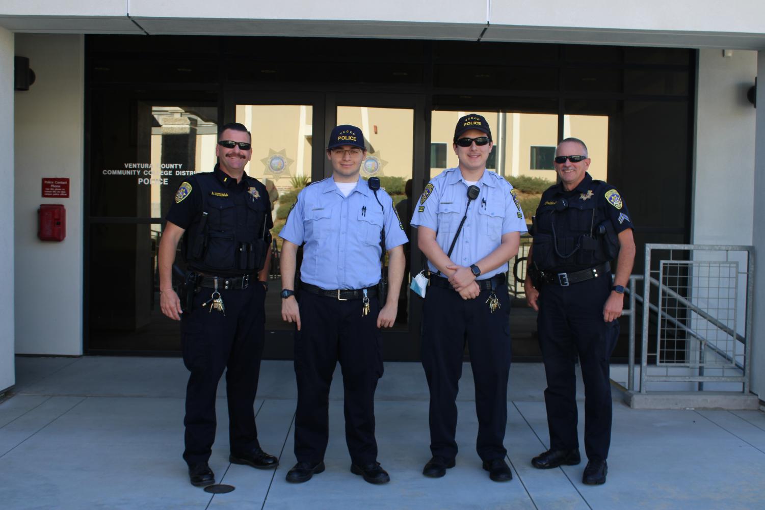 Pictured left to right, Lieutenant Andrew Huisenga, Police Cadet Maxwell Kearney, Police Cadet Matthew Burciaga, and Officer John Staugaard pose for a picture in front of Moorpark College Campus Safety Police Station on Nov. 15.
