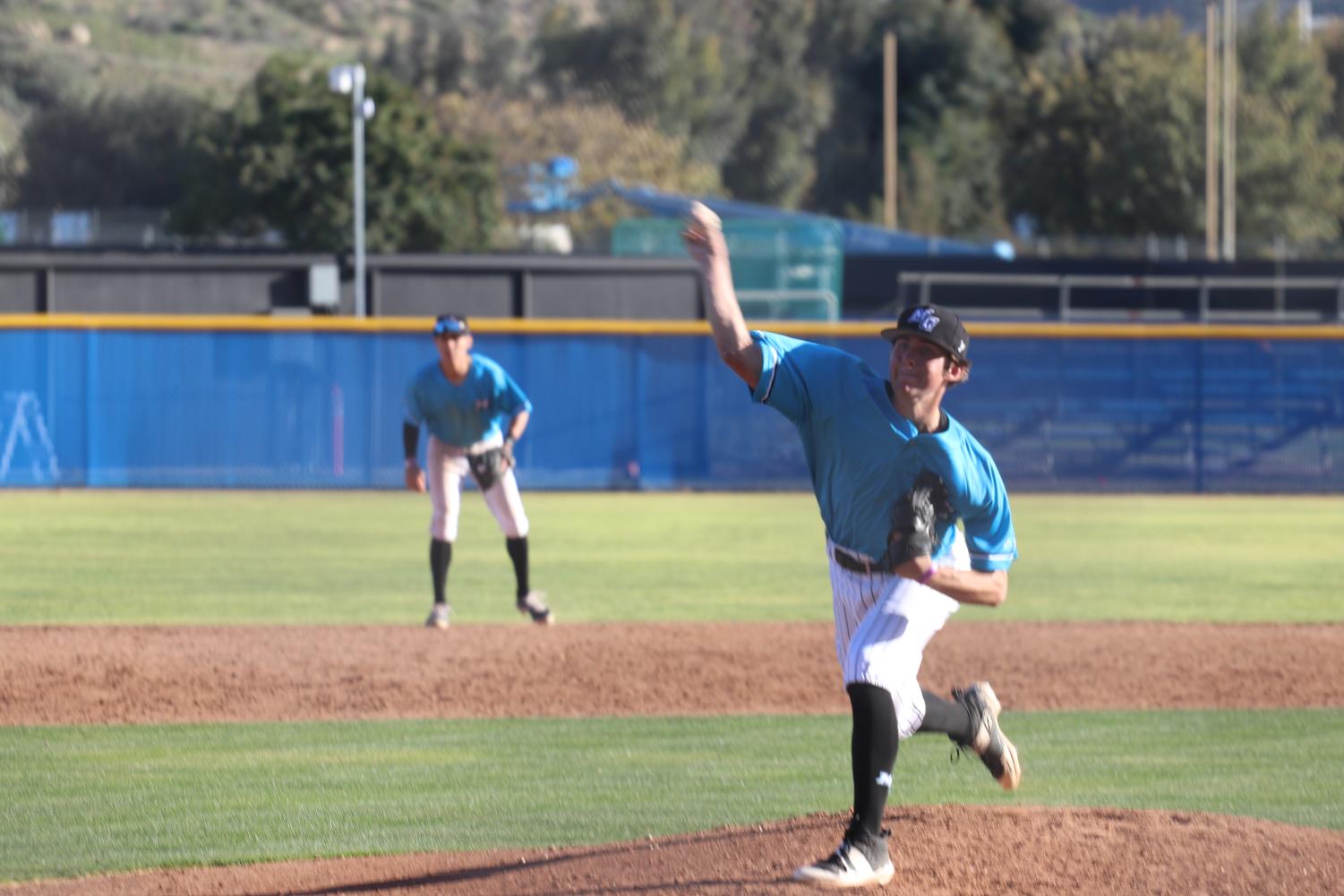 Moorpark pitcher Brendan Klugman throwing a pitch against East Los Angeles College on Feb. 8, 2022 in Moorpark, CA. Photo credit: Jack Newman