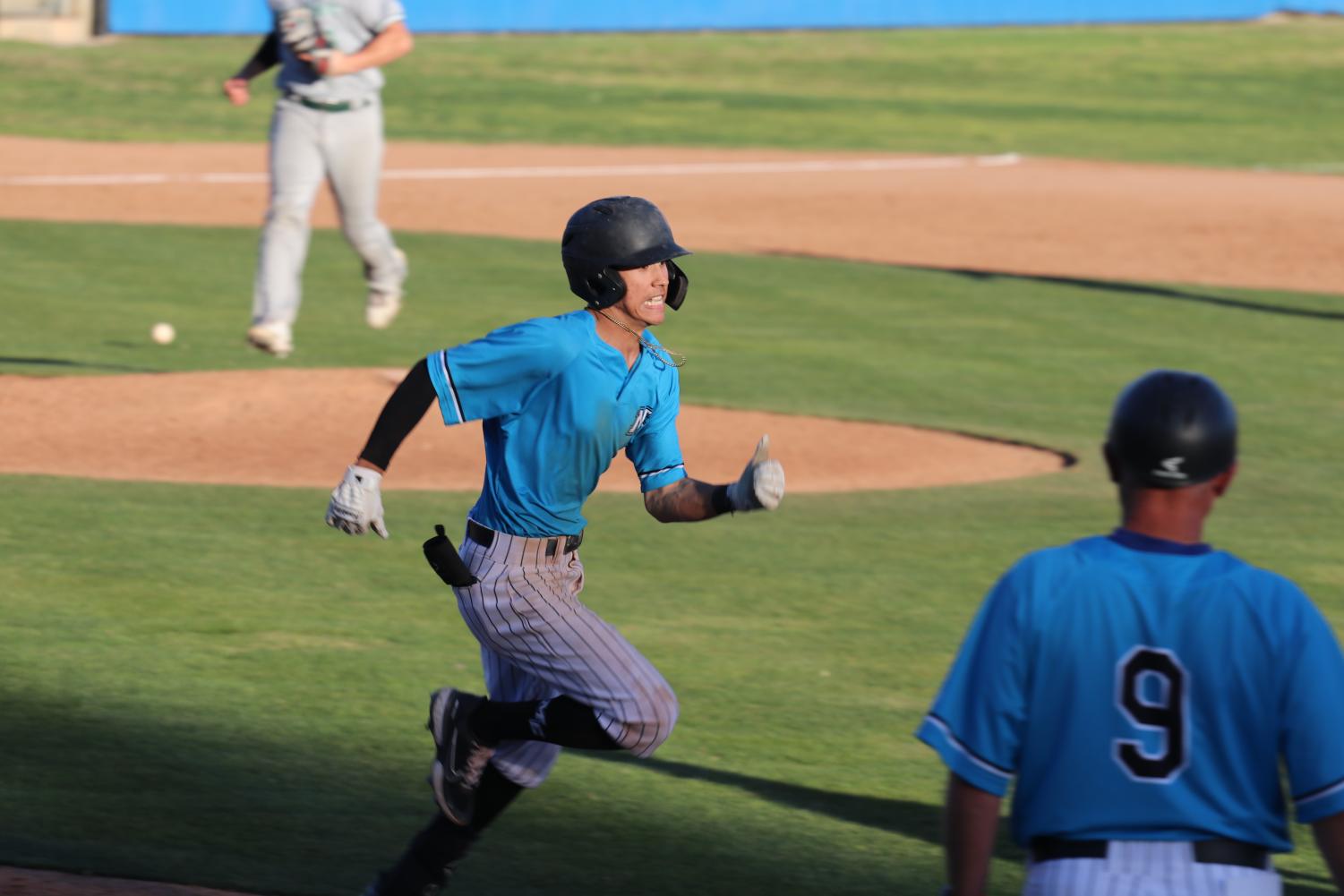 Moorpark Raiders infielder Shane Leong-Grieger hustling down the first base line in a game vs East Los Angeles College on Feb. 8, 2022 in Moorpark, CA. Photo credit: Jack Newman