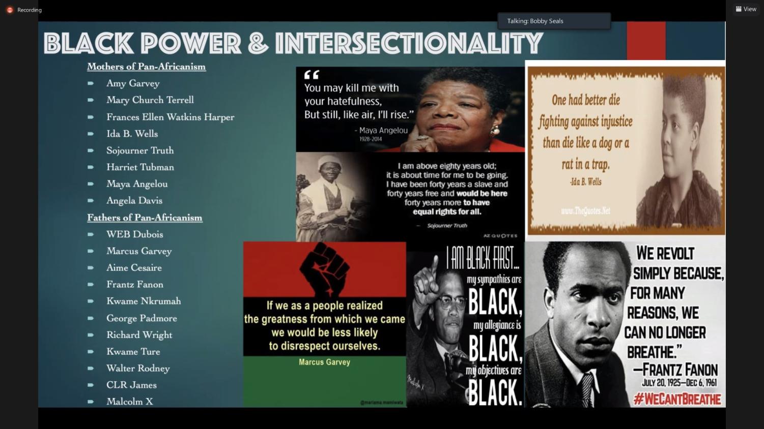 A screenshot from Moorpark College's Black History Month webinar on Feb. 2, 2022. The image depicts and lists figures that represent Black Power and Intersectionality.