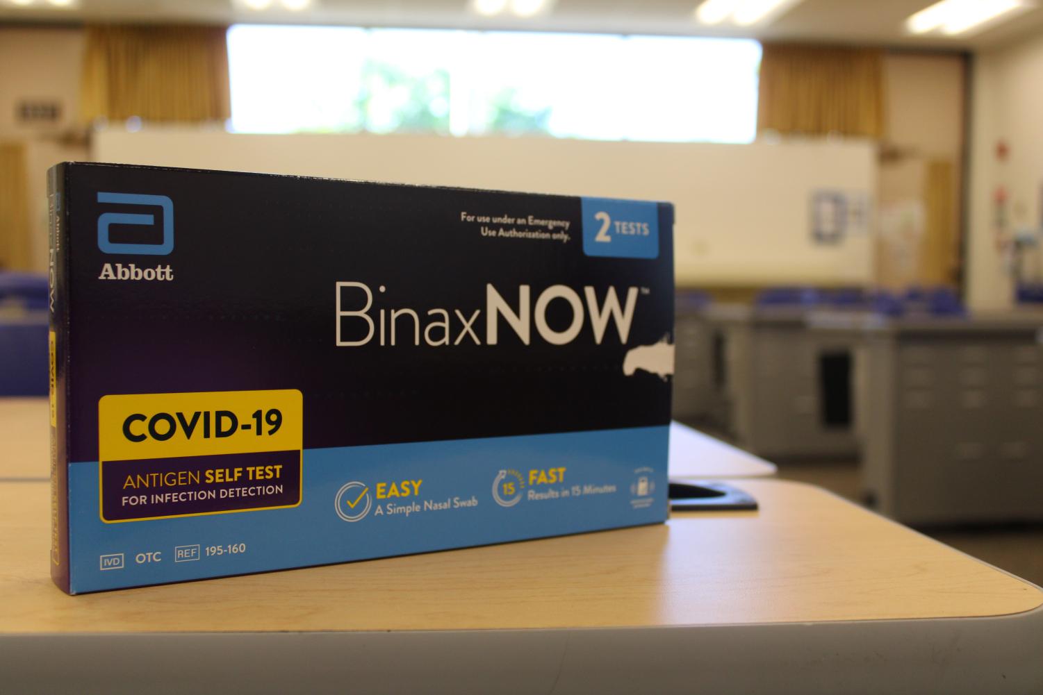 A BinaxNOW COVID-19 self test sits in an empty classroom in Moorpark College.