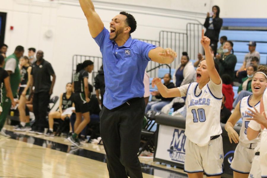 Moorpark head coach Kenny Plummer and his players celebrating their playoff victory on March 5, 2022 in Moorpark, CA. Photo credit: Jack Newman