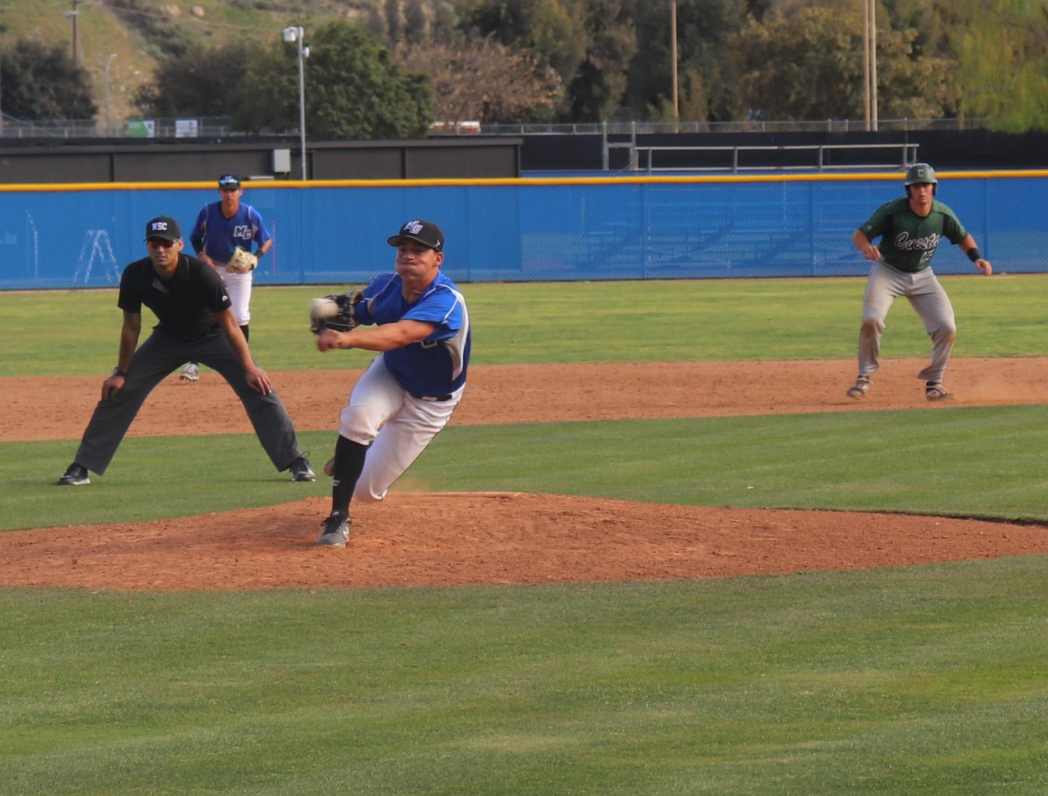 Moorpark Pitcher Owen Izzo delivering a pitch vs Cuesta on Mar 17, 2022