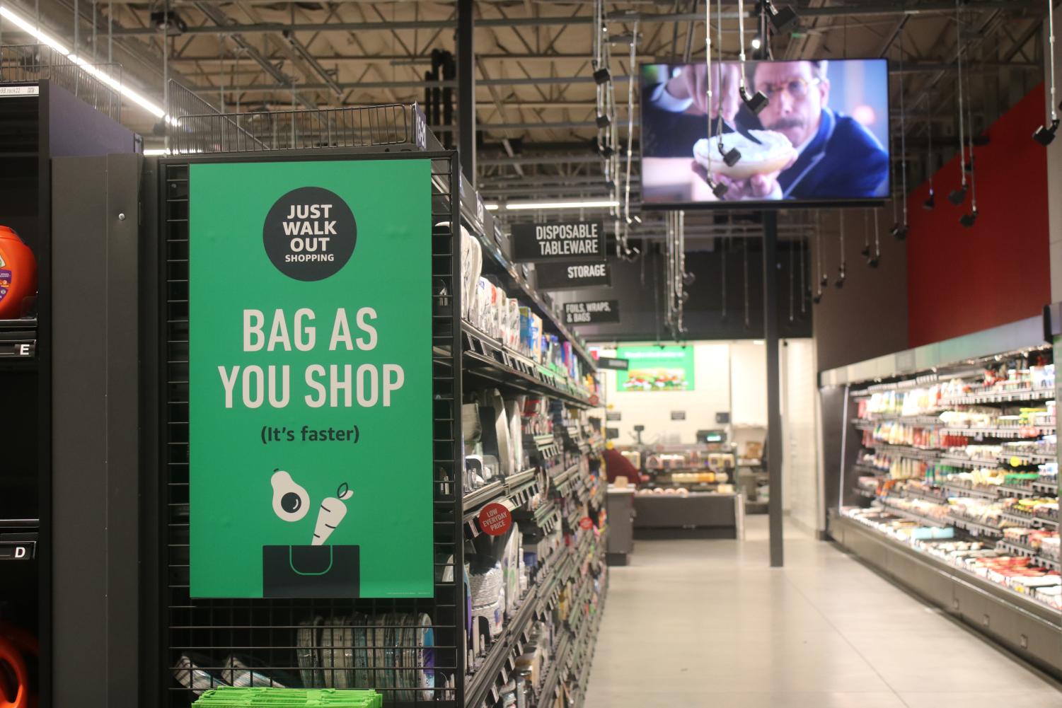 A sign inside the Amazon Fresh grocery store in Moorpark advertising their "Just Walk Out" technology. Photo Credit: Claire Boeck