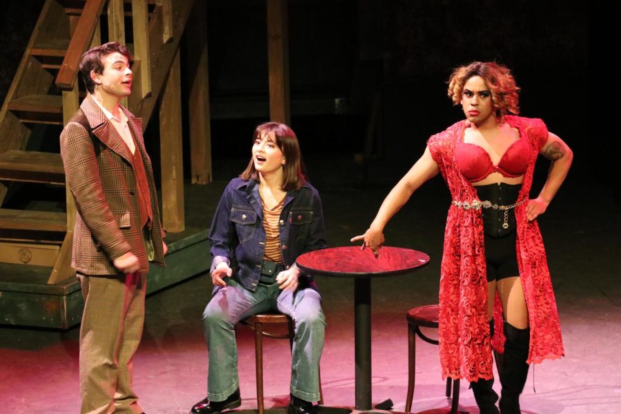 Dylan Woodford (Left), Celina Kott (Center), and Christopher J. Thume (Right) perform in Kinky Boots at the Performing Arts Center on March 9, 2022 in Moorpark, CA. Photo credit: Claire Boeck