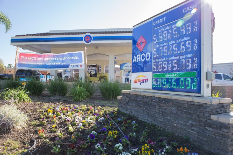 Gasoline prices displayed at the Arco gas station on the corner of Los Angeles Avenue and Moorpark road, on Monday, March 14, 2022, in Moorpark, CA. Photo credit: Christopher Schmider