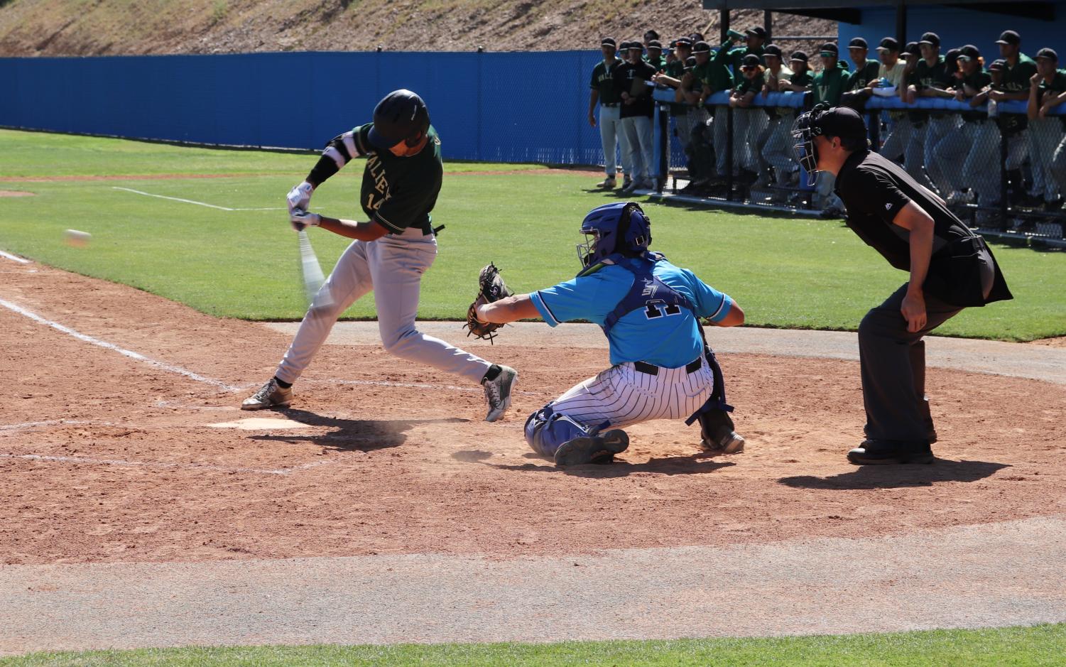 La Valley Designated hitter Jackson Lapiner swinging in his at-bat against the raiders on April 12, 2022, at Moorpark College.