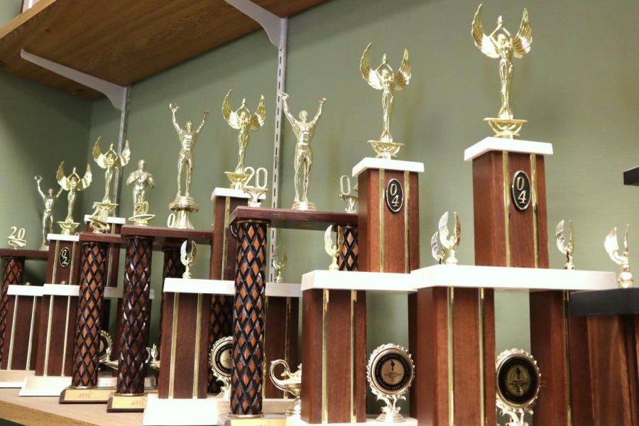 Trophies won by the Moorpark College Forensics team are displayed in the performing arts center. The team won several awards on April 9, 2022 at the Phi Rho Pi national tournament in St. Louis, MO. Photo credit: Shahbano Raza