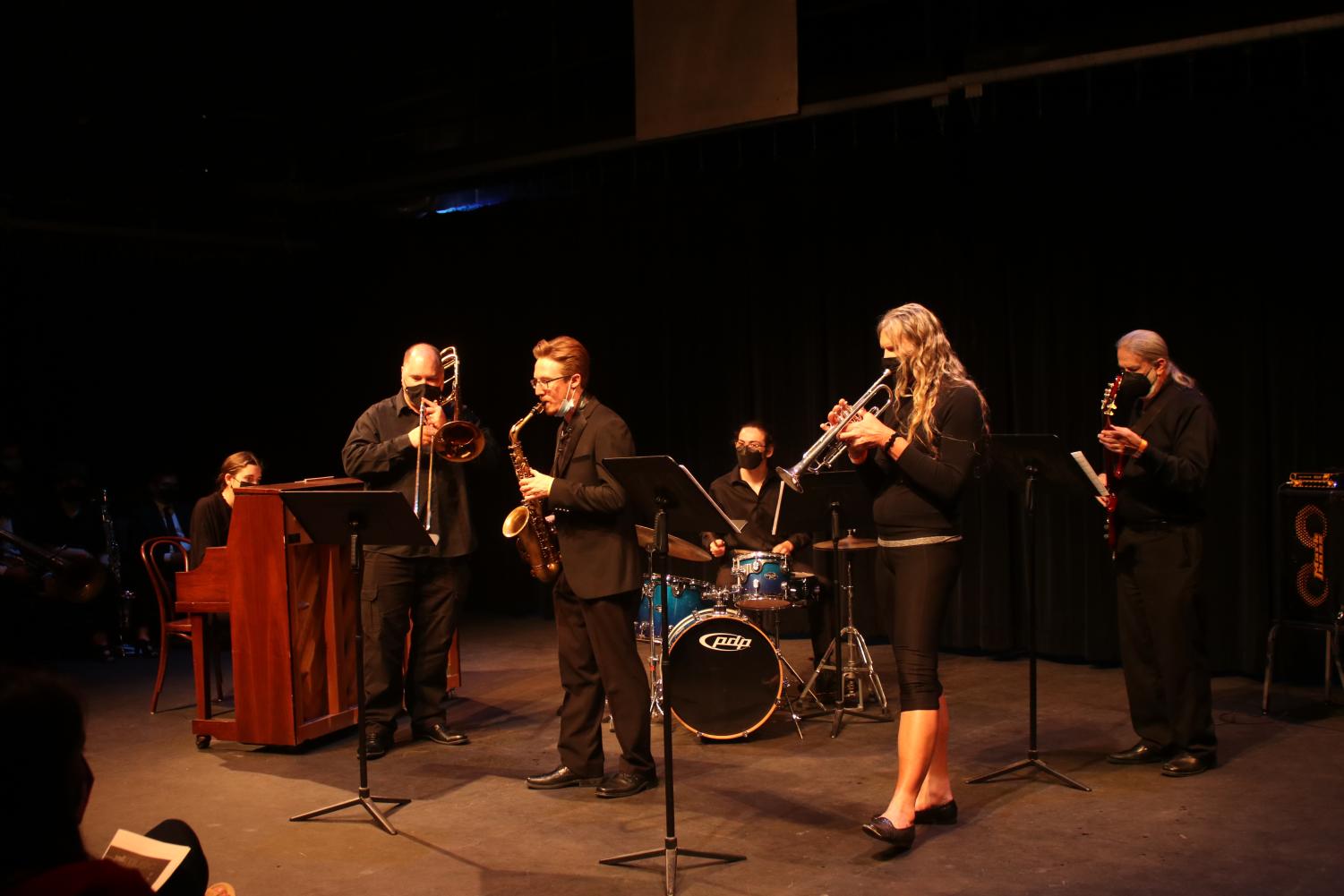 Musicians perform in the Performing Arts Center during the "Intimate Evening of Music" on April 9. 2022 in Moorpark, CA. (From left to right: Kara Zacarro, Brendan McMullin, Roy Bletscher, Roman Perez, Kerri Galgas, Mark Kamradt)
