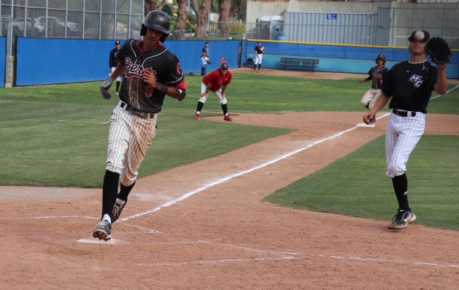 Pierce infielder Ryan Barry scores on a wild pitch in the 9th inning vs the Raiders on April 21, 2022, at Moorpark College. Photo credit: Nathan Hafner