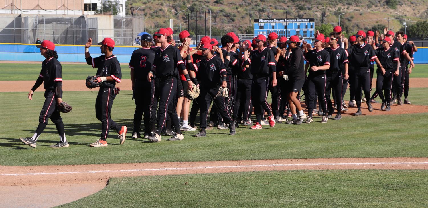 Santa Barbra City College celebrating the shutout victory over Moorpark college 3-0 on April 29, 2022, at Moorpark College.