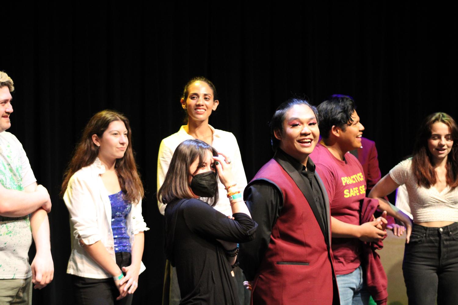 Students involved in the "Student One Acts" gathered together on stage after the performance on April 28, 2022. The "Student One Acts" took place in the Black Box Theatre of the Moorpark College Performing Arts Center.